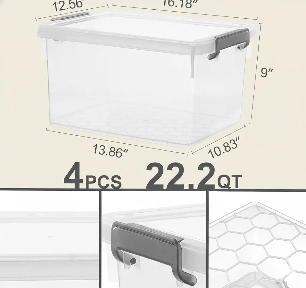 22.2 Qt Storage Bins, 4-Pack, Clear with Lids & Stackable